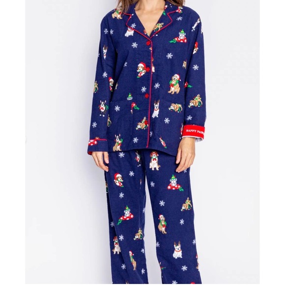 NWT PJ Salvage Holiday Dog Long Sleeve Cotton Flannel Pajamas & Headband Set (M) - Picture 1 of 10